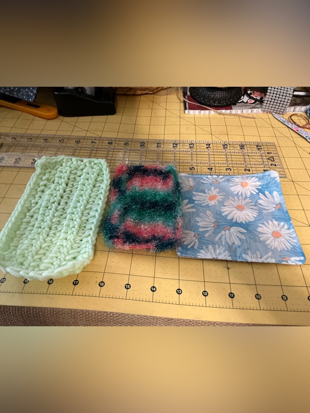 2 Handmade crochet dish scrubbies and 1 sewn jar opener!